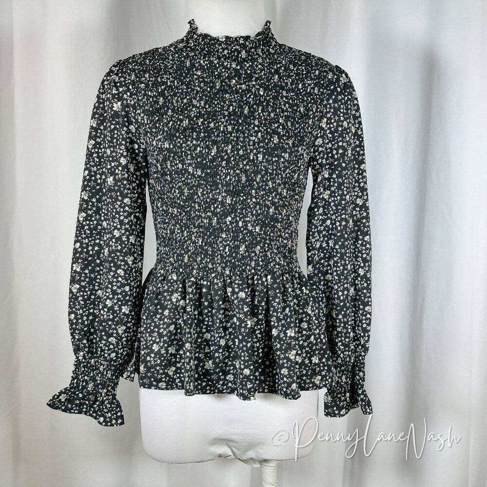 Flawless Floral Smocked Peplum Top Small S Black